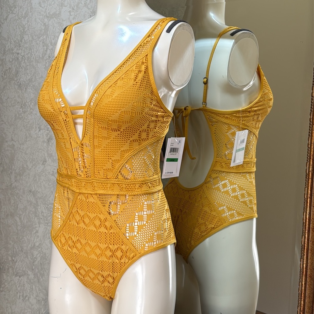 New BECCA Mustard Yellow Lace One Piece Swimsuit. Sz L. Ladder cutout in front. - Picture 12 of 15